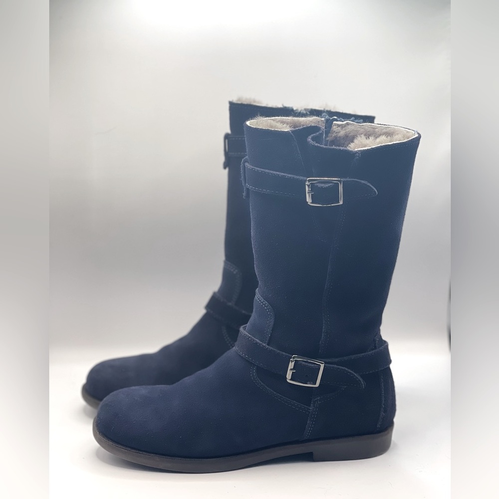 LITTLE ERIC Shearling Tall Suede Riding Boots in Navy Blue